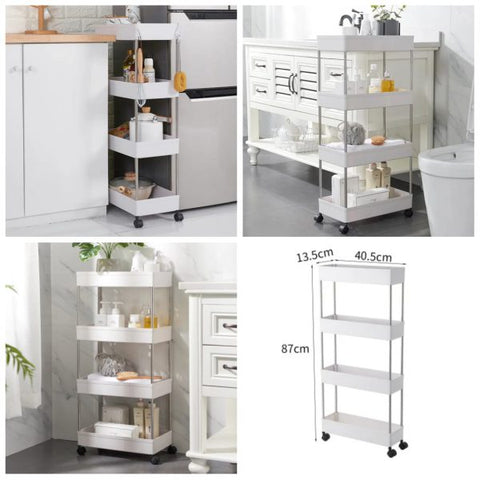 Kitchen Storage Trolley, 4 Tiers Plastic Serving Rolling Cart Basket Tray with Wheels, for Bedroom Bathroom Office