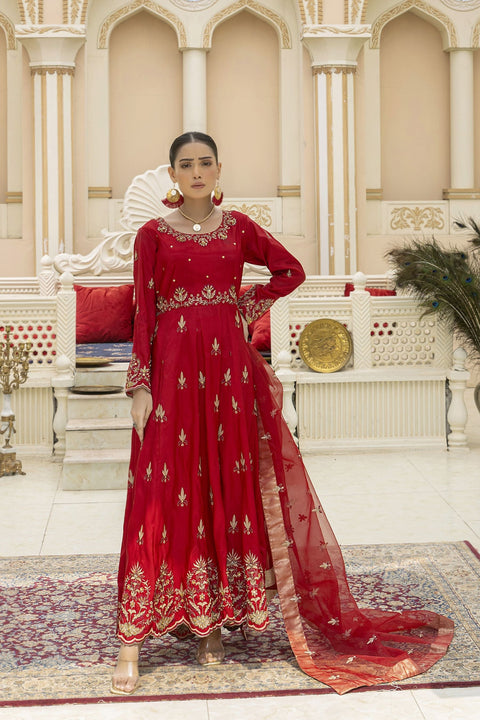 Elegant Red Long Frock With Pure Organza Dupatta