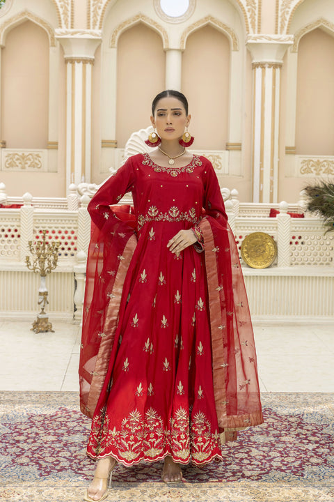 Elegant Red Long Frock With Pure Organza Dupatta