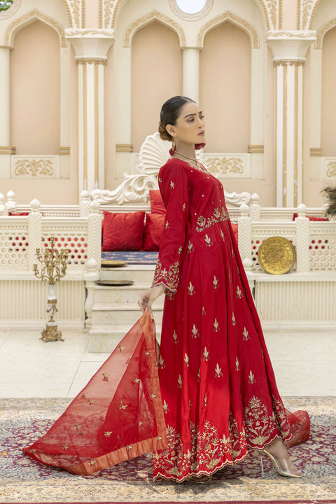 Elegant Red Long Frock With Pure Organza Dupatta