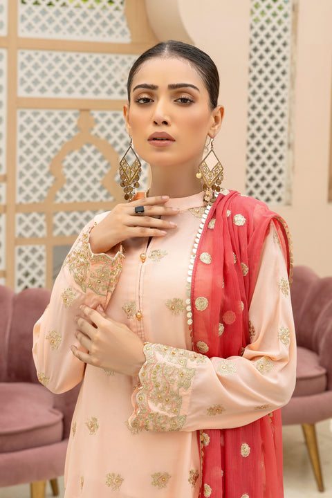 Peach Embroided Suit With Chiffon Dupatta