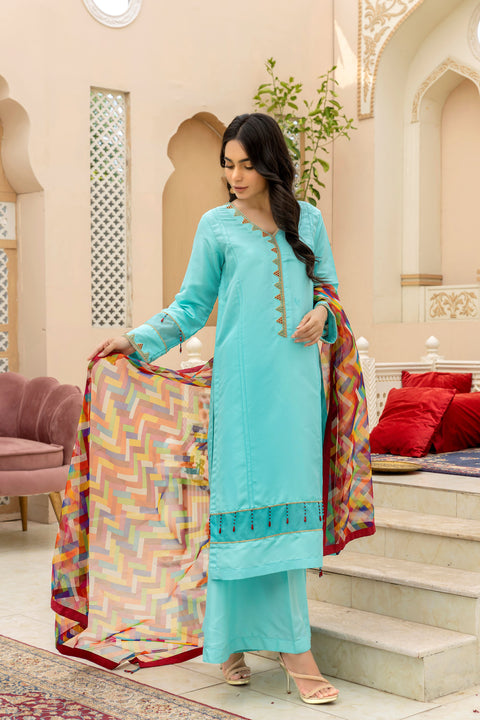 Ferozi Royal Kattan Suit With Printed Organza Dupatta