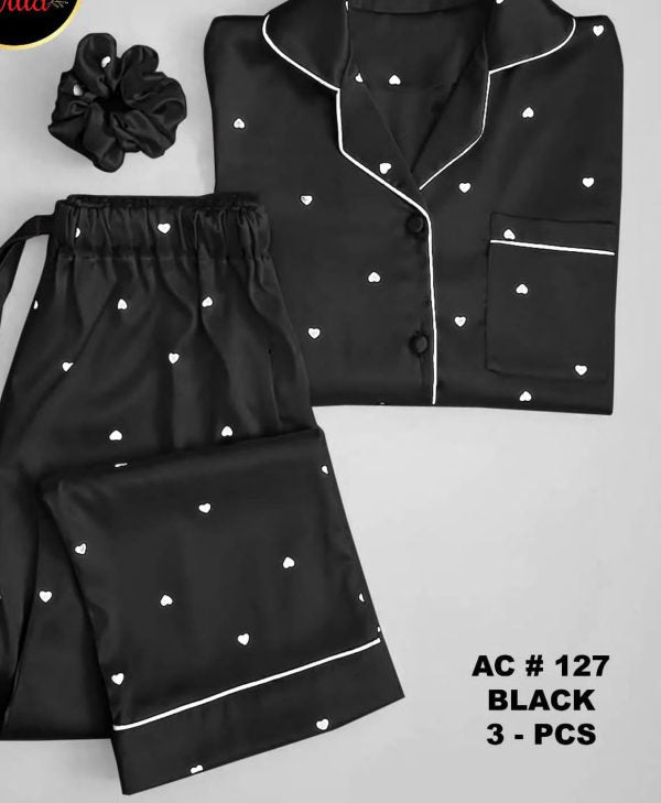 Silk Night Suit For Women With Ponytail (black)