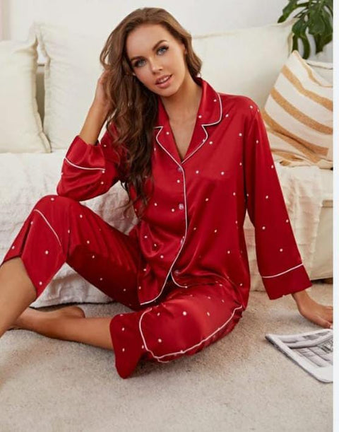 Silk Night Suit For Women With Ponytail ( Mehroon)