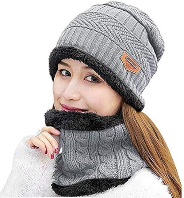 (Grey Color) New Stylish Cotton Beanie Full Set-(2 Piece) Cap + Neck Warmerhat & Warmertopi Hat Cap Neck Warmer Muffler Beanie Cap Neck Warmer