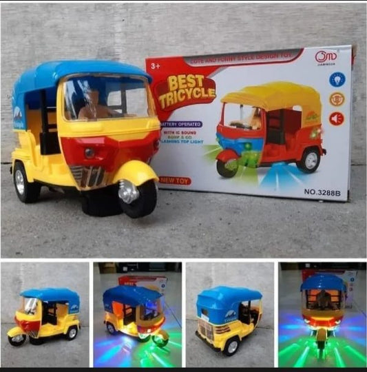 Musical Electric Tricycle Rickshaw Toy For Kids – Battery Operated With Front & Rear Lights, Music, Durable Plastic Build, (multi-color)